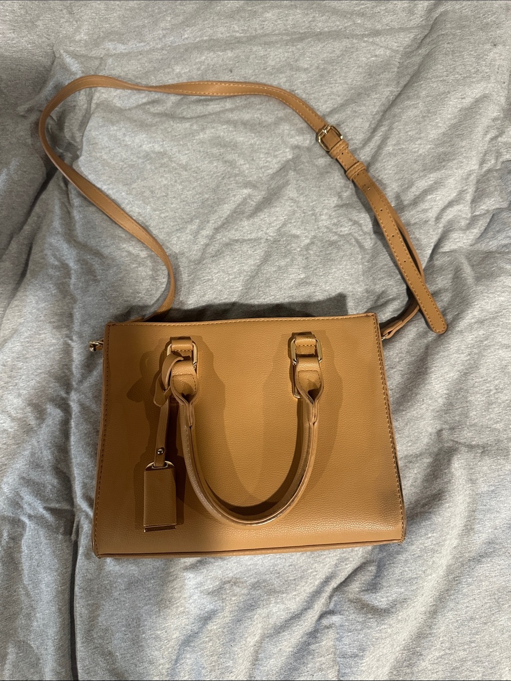 Tan Structured Faux Leather Satchel with Adjustable Strap